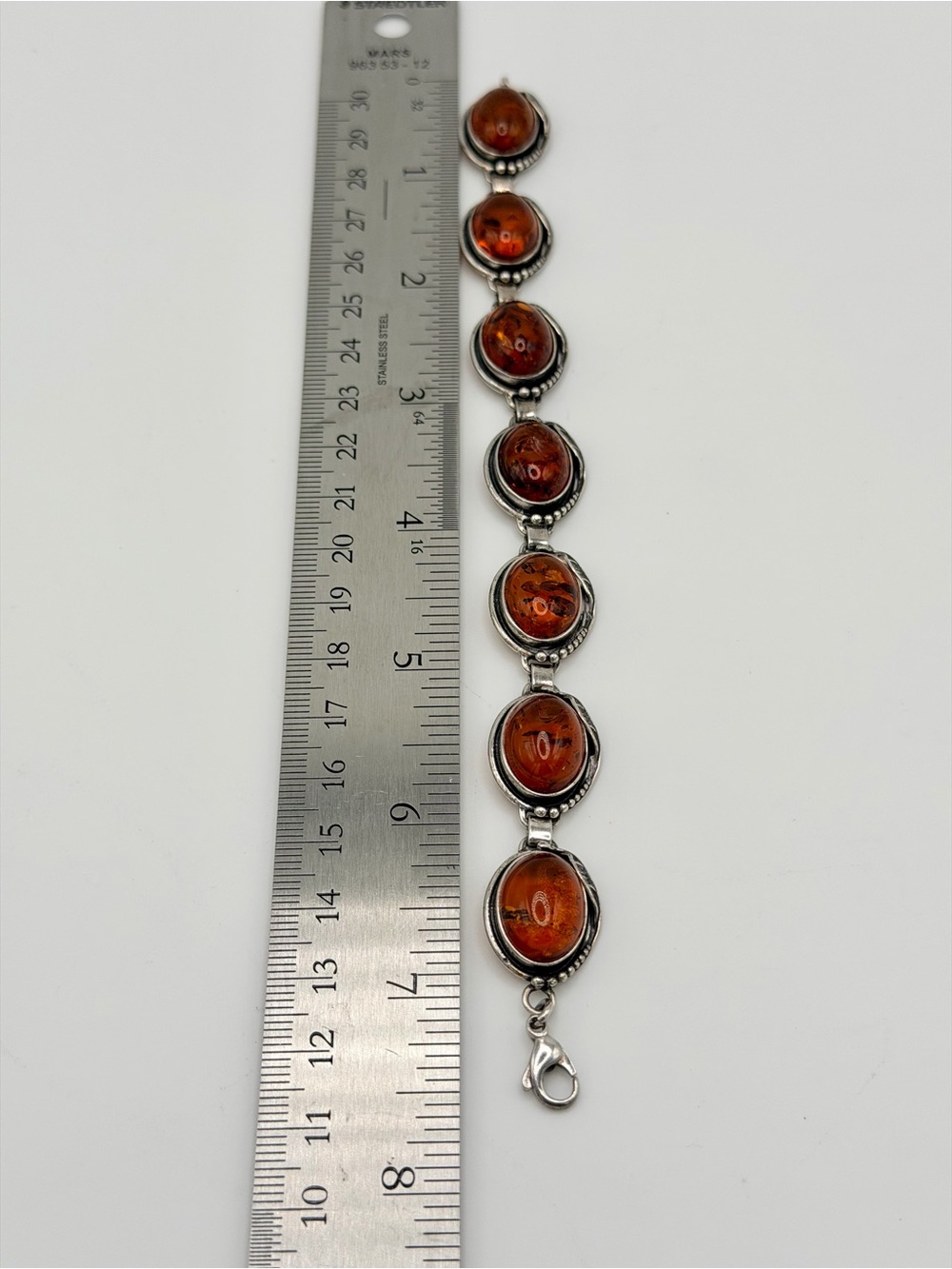 Vintage Oxidized Sterling Silver Leaf Pattern w/Oval Amber Cabochons Bracelet - Picture 15 of 16